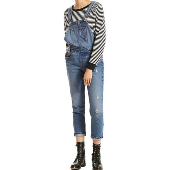 Levi's Bib Overalls Jeans 100% Cotton Adjustable Distressed Straight Med Wash XS - Picture 1 of 8